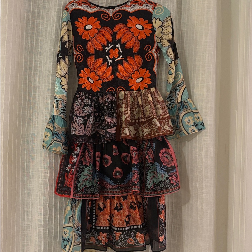 Floral Patchwork Dress with Bell Sleeves